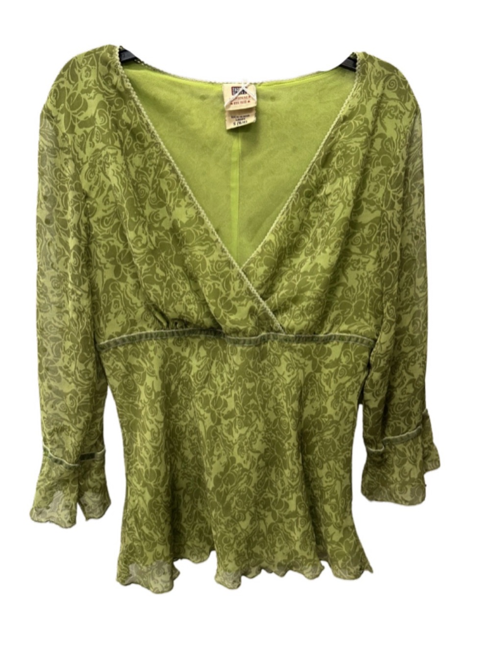 “Faded Glory” green floral v-neck babydoll top velvet trim w/ beading size small